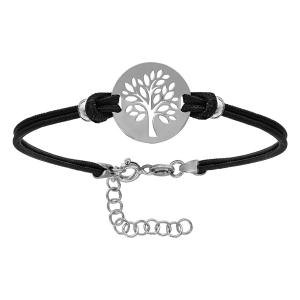 BRACELET ARGENT RHODIÉ CORDON DOUBLE NOIR INTERCHANGEABLE RONDELLE GRAVURE ARBRE DE VIE 16+3CM