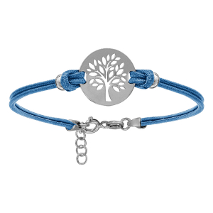 BRACELET ARGENT RHODIÉ CORDON DOUBLE BLEU CIEL INTERCHANGEABLE RONDELLE GRAVURE ARBRE DE VIE 16+3CM