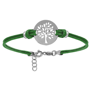 BRACELET ARGENT RHODIÉ CORDON DOUBLE VERT INTERCHANGEABLE RONDELLE GRAVURE ARBRE DE VIE 16+3CM