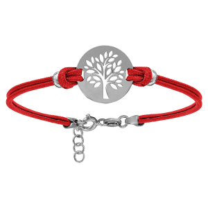 BRACELET ARGENT RHODIÉ CORDON DOUBLE ROUGE INTERCHANGEABLE RONDELLE GRAVURE ARBRE DE VIE 16+3CM