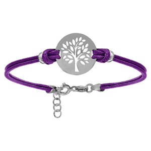 BRACELET ARGENT RHODIÉ CORDON DOUBLE VIOLET INTERCHANGEABLE RONDELLE GRAVURE ARBRE DE VIE 16+3CM