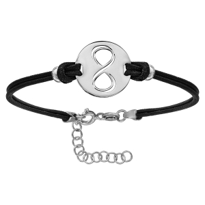 BRACELET ARGENT RH CORDON DOUBLE NOIR INTERCHANGEABLE RONDELLE MOTIF INFINI DECOUPE 15+3CM