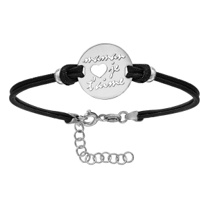 BRACELET ARGENT RH CORDON DOUBLE NOIR INTERCHANGEABLE RONDELLE GRAVURE MAMAN JE T'AIME 15+3CM
