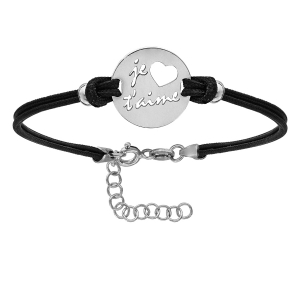 BRACELET ARGENT RH CORDON DOUBLE NOIR INTERCHANGEABLE RONDELLE COEUR GRAVURE  JE T'AIME EVIDE 15+3CM