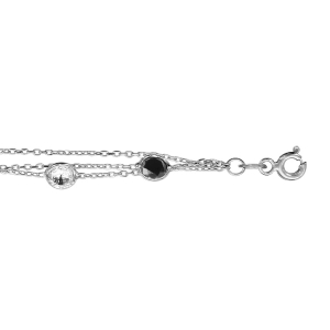BRACELET ARGENT RHODIÉ 3 RANGS MULTI PIERRES SYNTHETIQUE BLANCHES ET NOIRES 16+3CM