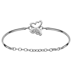 BRACELET ARGENT RHODIÉ JONC SEMI RIGIDE PAPILLON OXYDES BLANCS SERTIS REGLABLE CHAINETTE