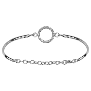 BRACELET ARGENT RHODIÉ JONC SEMI RIGIDE CERCLE OXYDES BLANCS SERTIS REGLABLE CHAINETTE
