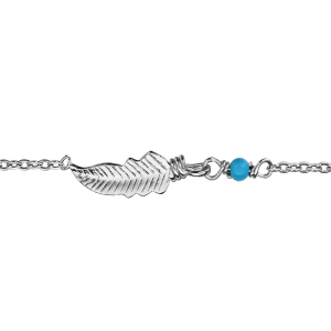 BRACELET ARGENT RHODIÉ PLUME ET BOULE TURQUOISE SYNTHETIQUE 16+2CM