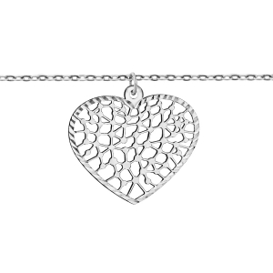 BRACELET ARGENT RHODIÉ PENDANT COEUR DECOUPE DENTELE 16+3CM