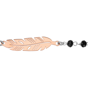 BRACELET ARGENT RHODIÉ PERLES SYNTHETIQUE NOIRES ET 2 PLUMES DORURE ROSE 17+2CM