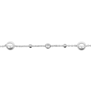 BRACELET ARGENT RHODIÉ PETITES BOULES 2 PERLES SYNTHETIQUE BLANCHES ET OXYDES BLANCS SERTIS CLOS  16+3CM