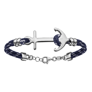 BRACELET ARGENT RHODIÉ 2 RANGS CORDE BLEUE ET BLANCHE ANCRE MARINE 16+4CM