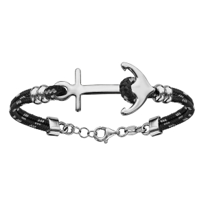 BRACELET ARGENT RHODIÉ 2 RANGS CORDE NOIRE ET GRISE ANCRE MARINE  16+4CM