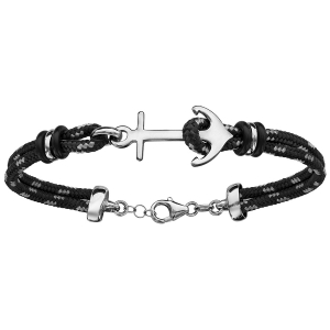BRACELET ARGENT RHODIÉ 2 RANGS CORDE NOIRE ET GRISE ANCRE MARINE 18+4CM