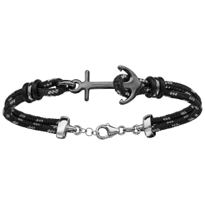 BRACELET ARGENT RHODIÉ 2 RANGS CORDE NOIRE ET GRISE ANCRE MARINE RHUTENIUM NOIR 18+4CM