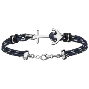 BRACELET ARGENT RHODIÉ 2 RANGS CORDE BLEUE ET BLANCHES ANCRE MARINE 18+4CM