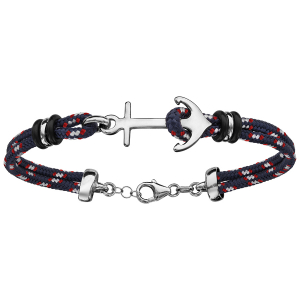 BRACELET ARGENT RHODIÉ 2 RANGS CORDE BLEUE ET ROUGES ANCRE MARINE 18+4CM