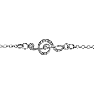 BRACELET ARGENT RHODIÉ CLEF DE SOL OXYDES BLANCS SERTIS 16+3CM