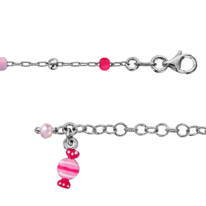 BRACELET ARGENT RHODIÉ ENFANT BOULES RÉSINE ROSE AVEC BONBON ROSE 13+3CM