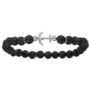 BRACELET ARGENT RHODIE EXTENSIBLE PIERRE DE LAVE NOIRE AVEC ANCRE MARINE