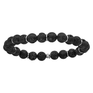 BRACELET ARGENT RHODIÉ EXTENSIBLE PIERRE DE LAVE NOIRE AVEC RONDELLES