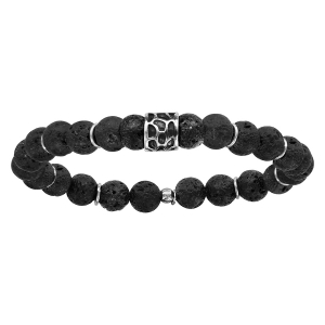 BRACELET ARGENT EXTENSIBLE PIERRE DE LAVE NOIRE AVEC MOTIF PATINÉ