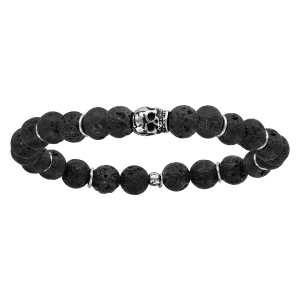 BRACELET ARGENT EXTENSIBLE PIERRE DE LAVE NOIRE AVEC TETE DE MORT PATINÉ
