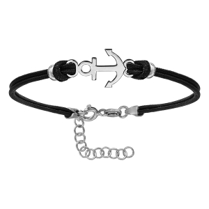 BRACELET ARGENT RH CORDON DOUBLE NOIR INTERCHANGEABLE MOTIF ANCRE   14+3CM