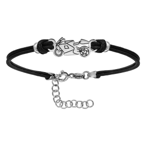 BRACELET ARGENT RH CORDON DOUBLE NOIR INTERCHANGEABLE MOTIF MOTO DE COURSE 14+3CM
