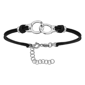 BRACELET ARGENT RHODIÉ CORDON FIN NOIR INTERCHANGEABLE MOTIF MENOTTES 16+4CM