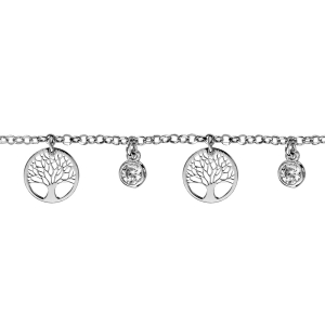BRACELET ARGENT RHODIÉ 3 PAMPILLES RONDELLES ARBRE DE VIE ET 2 OXYDES BLANCS SERTIS CLOS 16+3CM