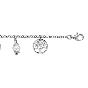 BRACELET ARGENT RHODIÉ 5 PAMPILLES RONDELLES ARBRE DE VIE ET 4 PERLES IMITATIONS BLANCHES 16+3CM
