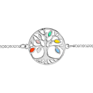 BRACELET ARGENT RHODIÉ ARBRE DE VIE RÉSINE MULTI COULEURS 16+3CM
