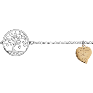 BRACELET ARGENT RHODIÉ ARBRE DE VIE ET 2 FEUILLES DORURE JAUNE 16+3CM