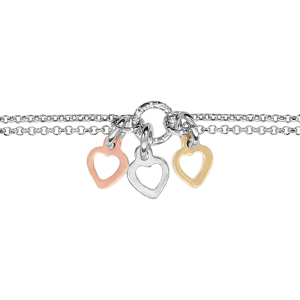BRACELET ARGENT RHODIÉ DOUBLE CHAINE 3 COEURS PAMPILLES 3 TONS 16,5+3CM