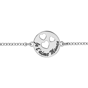 BRACELET ARGENT RHODIÉ RONDELLE  JE T'AIME MAMAN 3 COEURS EVIDES 16+3cm