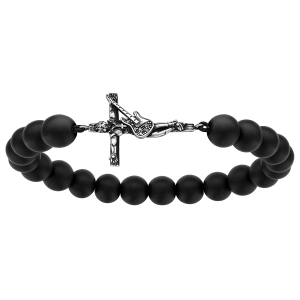 BRACELET ARGENT LA CROIX ROCK PATINEE BRILLANT PIERRES DE LAVE EXTENSIBLE