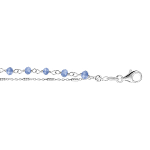 BRACELET ARGENT RHODIÉ DOUBLE CHAINE PERLES SYNTHETIQUE BLEUES 16+3CM