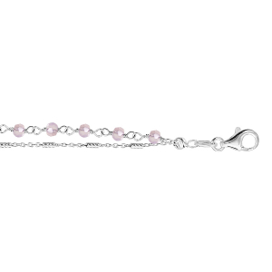 BRACELET ARGENT RHODIÉ DOUBLE CHAINE PERLES SYNTHETIQUE ROSE CLAIR 16+3CM