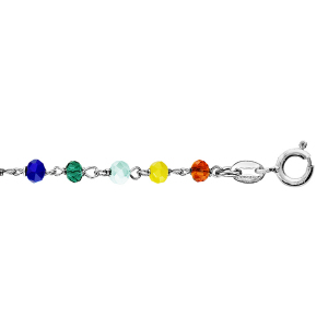 BRACELET ARGENT RHODIÉ BOULES PERLES DE VERRE FACETEES MULTICOLORES 15+3CM
