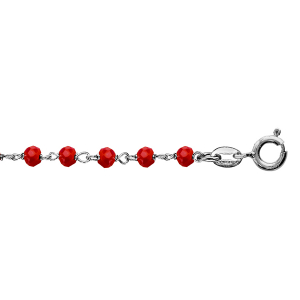 BRACELET ARGENT RHODIÉ BOULES PERLES DE VERRE FACETEES ROUGE 15+3CM