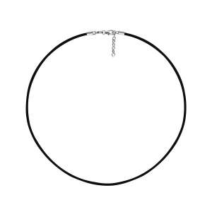 CORDON PLASTIQUE NOIR  EMBOUTS ARGENT RHODIÉ 42CM+2CM
