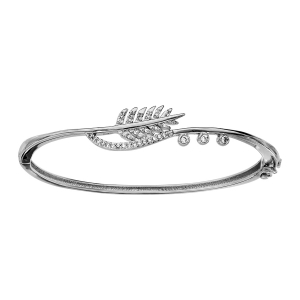 BRACELET ARGENT RHODIÉ MASSIF JONC ARTICULE PLUME OXYDES BLANCS SERTIS  56X50MM