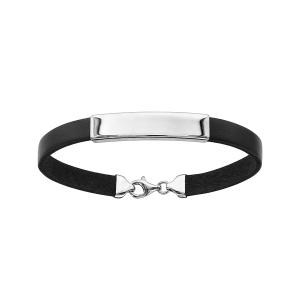 BRACELET ARGENT RHODIÉ ET CAOUTCHOUC NOIR AVEC PLAQUE IDENTITE 20CM