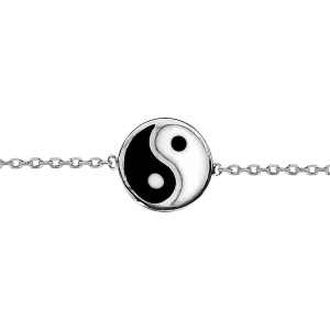 BRACELET ARGENT RHODIÉ YIN YANG EMAIL NOIR ET BLANC 15,5+2CM