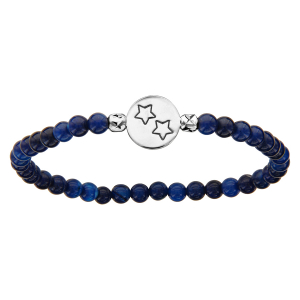 BRACELET EXTENSIBLE PERLES DE VERRE BLEUES PASTILLE ARGENT RHODIE GRAVURE 2 ETOILES