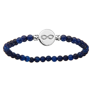 BRACELET EXTENSIBLE PERLES DE VERRE BLEUES PASTILLE ARGENT RHODIÉ GRAVURE INFINI
