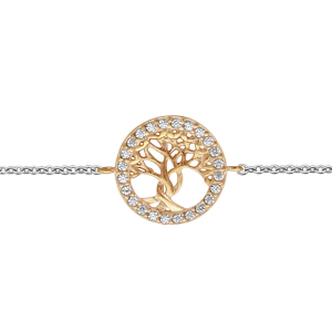 BRACELET ARGENT RHODIÉ ARBRE DE VIE DORURE JAUNE OXYDES BLANCS SERTIS 16+2CM