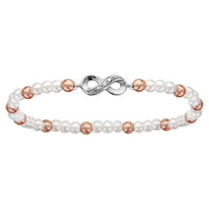 BRACELET ENFANT ELASTIQUE PERLES SYNTHETIQUE BLANCHE ET ROSE MOTIF INFINI ARGENT RHODIÉ ET OXYDES BLANCS SERTIS