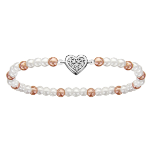 BRACELET ENFANT ELASTIQUE PERLES SYNTHETIQUE BLANCHE ET ROSE MOTIF COEURS ARGENT RHODIÉ ET OXYDES BLANCS SERTIS